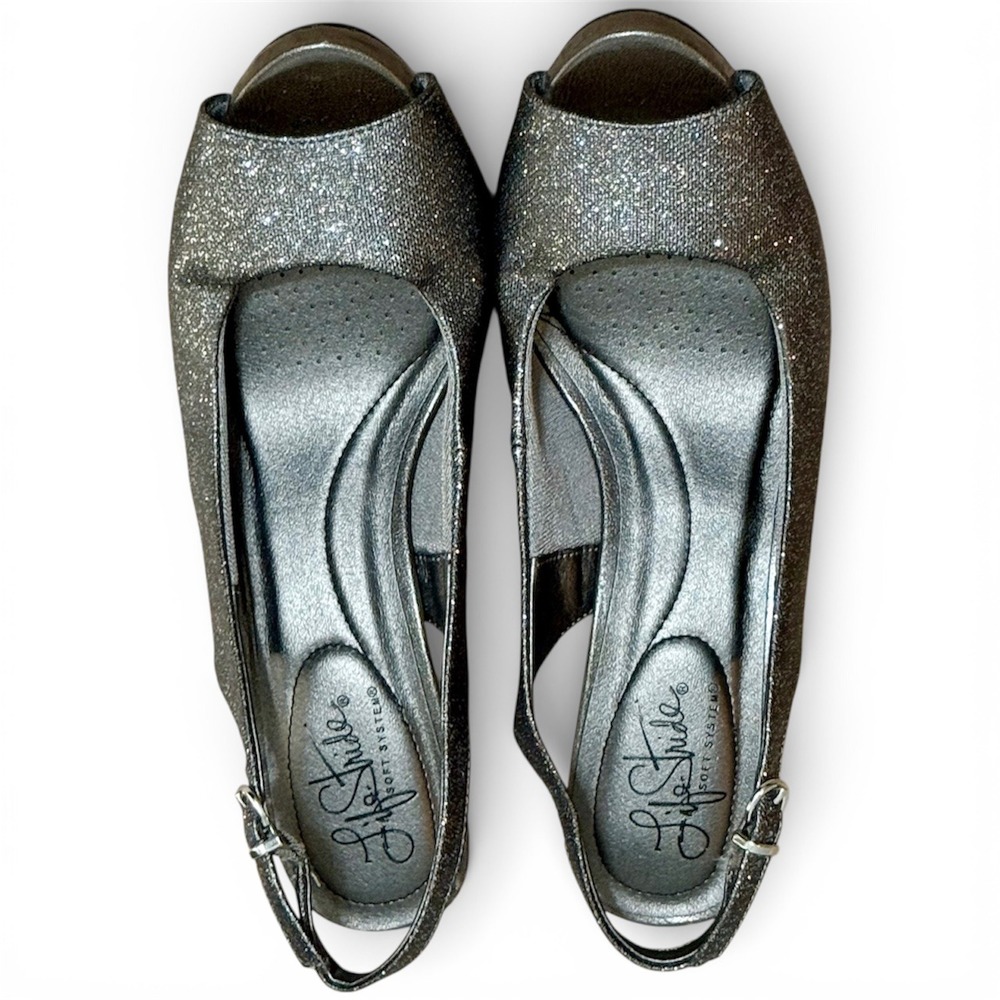 Life Stride Womens Peep Toe Slingback Heels‎ Sparkle Glitter Silver Wedge Sz-7M